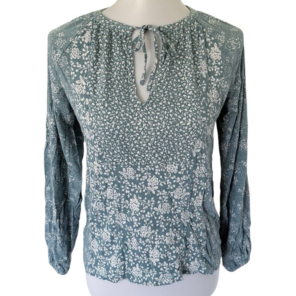 Lucky Brand Top Small Green Peasant Floral Tie Neck Bohochic Cottagecore Shirt